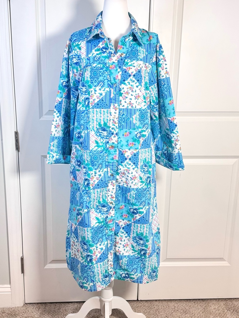 Models Coat Patchwork Floral Shirt Dress 12 Blue Snap Front Cottage Pockets